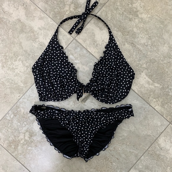 Victoria's Secret Polka Dot Bikini Black & White Top Size 36DDD Bottom Size L - Picture 1 of 14